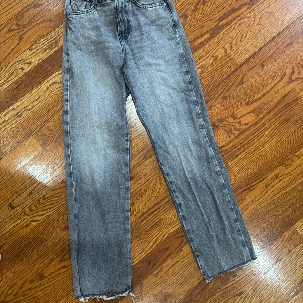 Zara Gray Washed Denim Straight Leg Jeans Raw Bottom 0